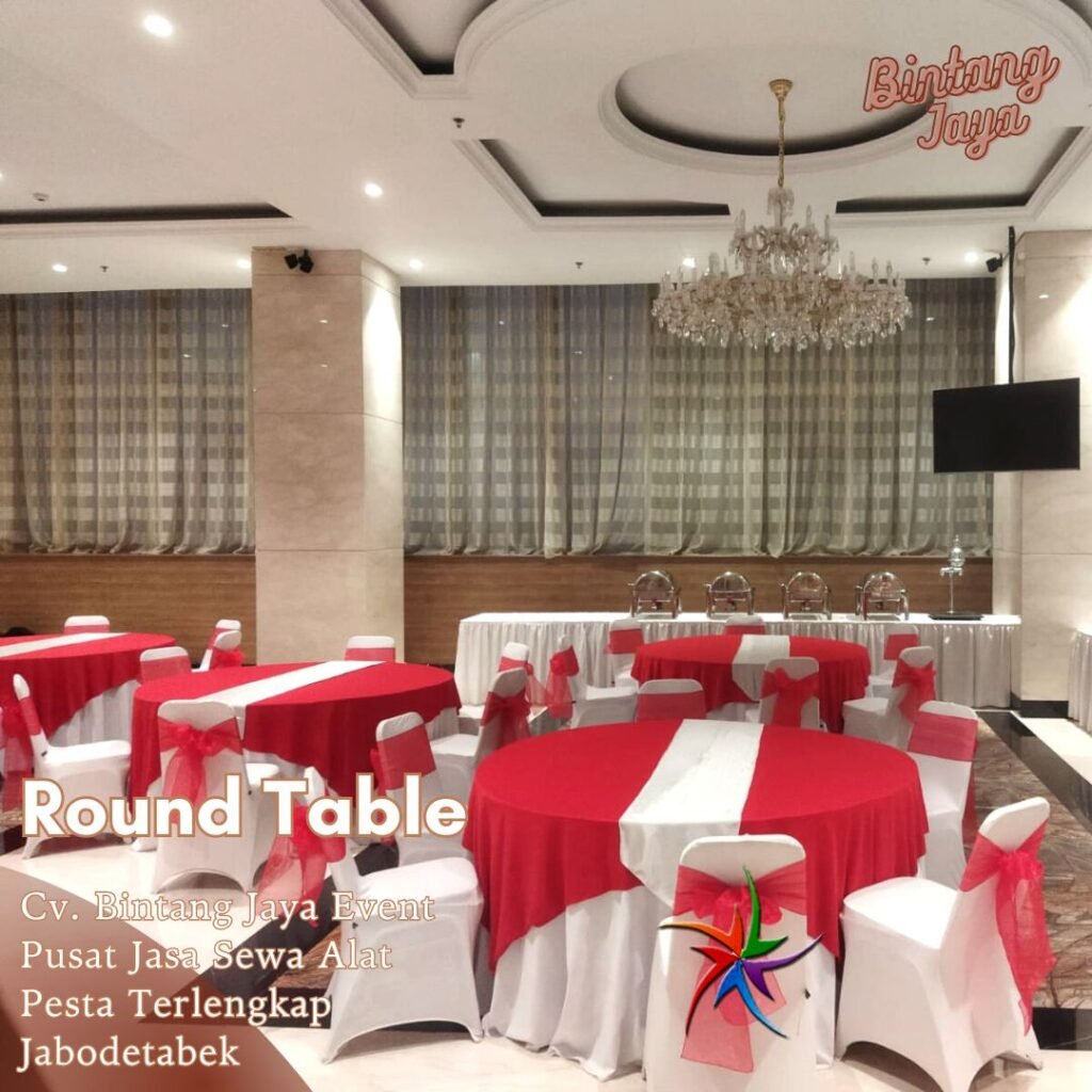 Sewa Round Table Skirting Biru Topping Putih Jakarta