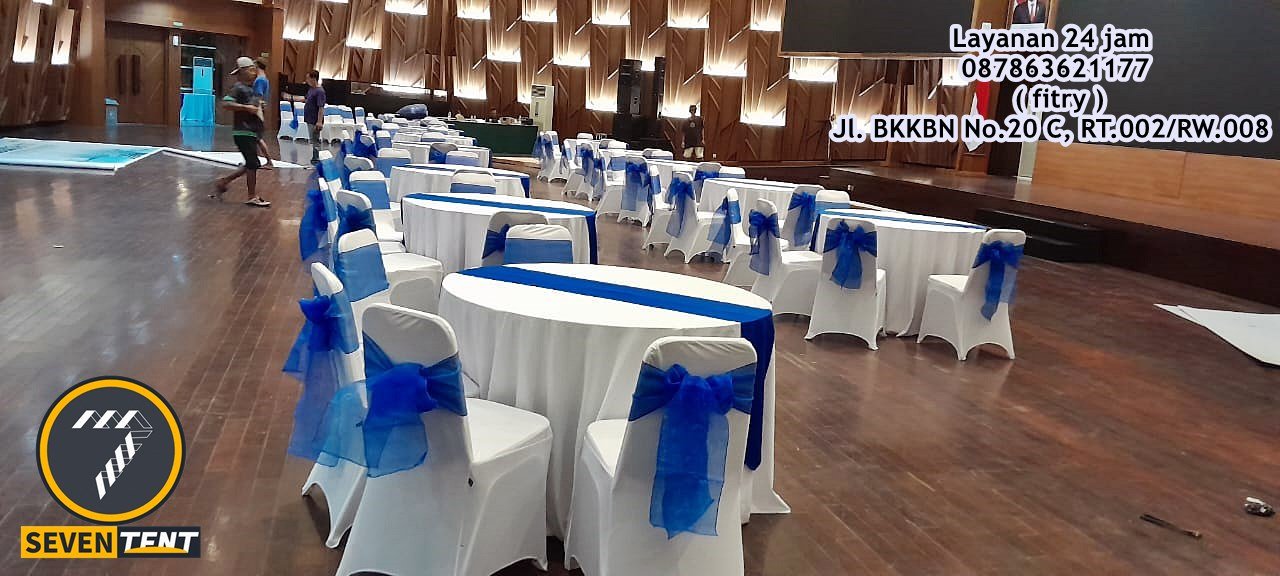 Sewa Round Table Cover Putih Topping Biru Karangtengah Tangerang